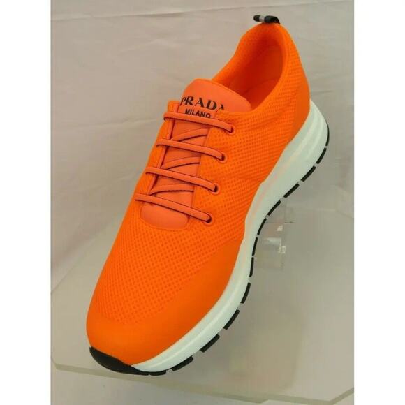 PRADA 4E3499 NEON ORANGE SPORT MESH BLACK LOGO LACE LOW TOP SNEAKERS 9 / US 10 - Picture 8 of 11